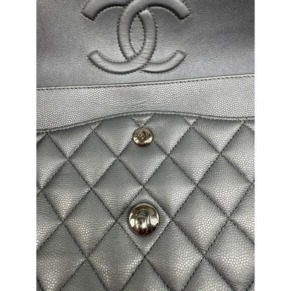Chanel Leather Quilted Classic Double Flap CC Logo Medium Crossbody Bag Silver - Picture 14 of 16